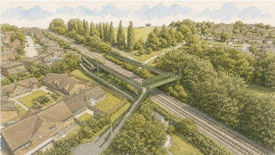 An aerial illustration of a lush green landscape with a pedestrian bridge crossing over a train track and houses nestled among trees.