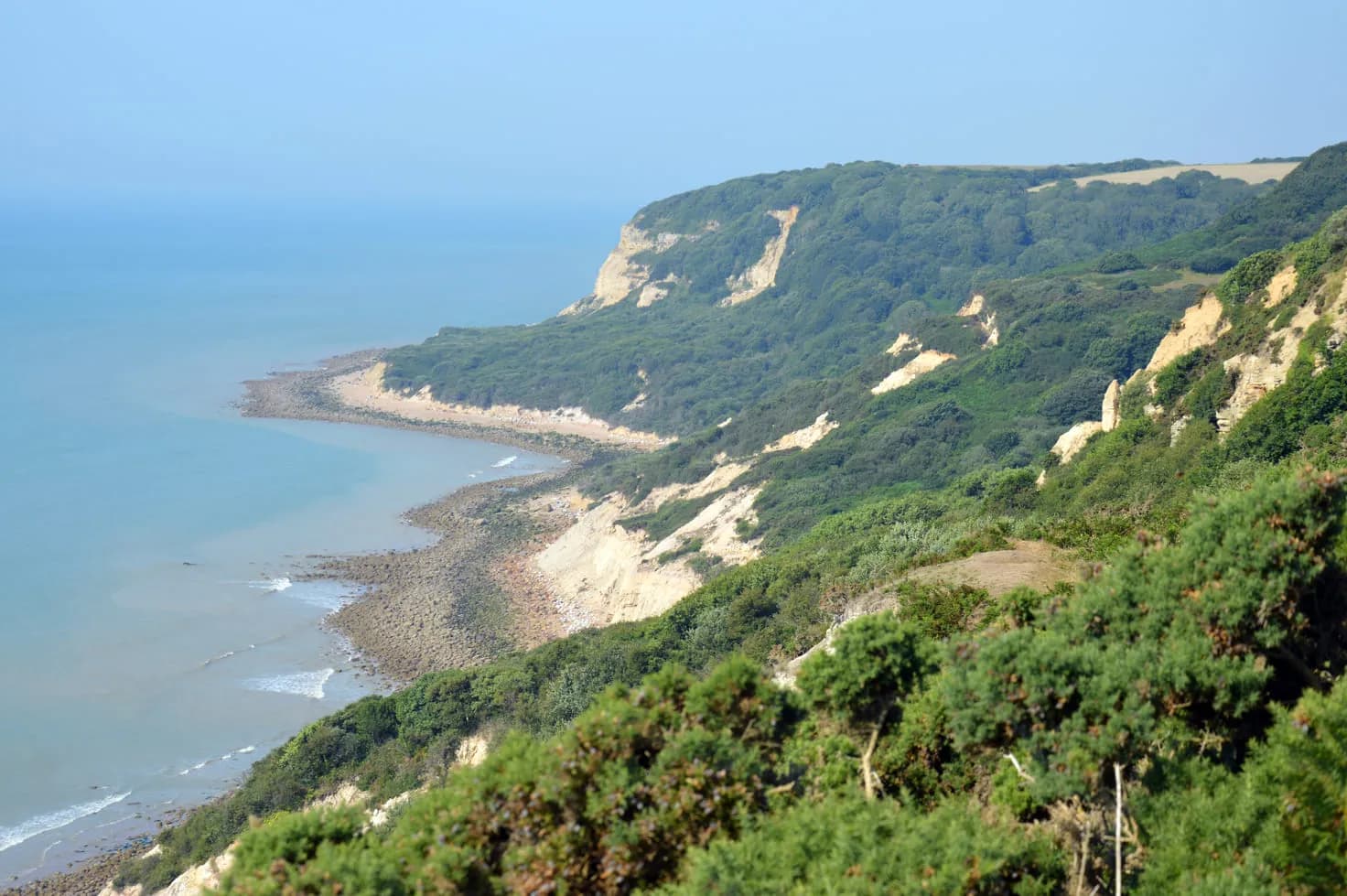 A long, curved coastline with calm blue water on the left, a rocky beach, and cliffs covered in green trees on the right.